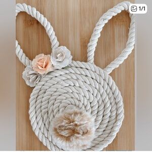 Macrame bunny with paper flowers and pom tail